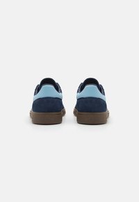 Navy blue suede shoes with light blue accents and rubber soles. Flat design, textured surface, and padded heel counter.