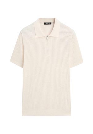 Cremefarvet ribbet kortærmet poloshirt med en sølvfarvet lynlås foran og en blød krave, mærket Massimo Dutti.