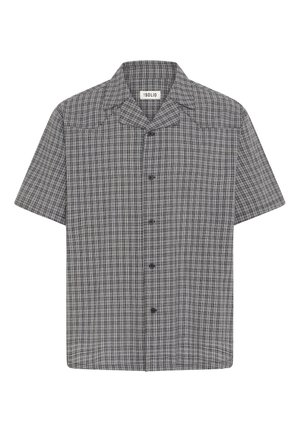 Camicia a maniche corte con bottoni, motivo a quadri nero e grigio e colletto, etichettata "Solid" all'interno dello scollo.