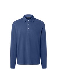 Granatowa koszula polo z długim rękawem, wykonana z miękkiego materiału, z kołnierzykiem, zapięciem na dwa guziki oraz bez widocznych wzorów lub zdobień.