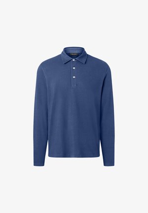 Dunkelblaues Langarm-Polohemd aus weichem Stoff mit Kragen, Zwei-Button-Frontleiste und ohne sichtbare Muster oder Verzierungen.