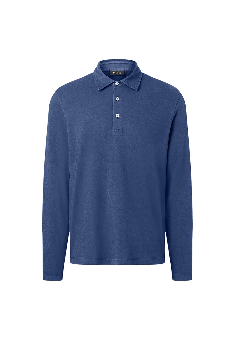 Granatowa koszula polo z długim rękawem, wykonana z miękkiego materiału, z kołnierzykiem, zapięciem na dwa guziki oraz bez widocznych wzorów lub zdobień.