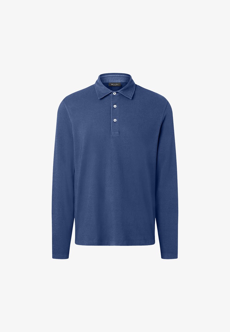Granatowa koszula polo z długim rękawem, wykonana z miękkiego materiału, z kołnierzykiem, zapięciem na dwa guziki oraz bez widocznych wzorów lub zdobień.