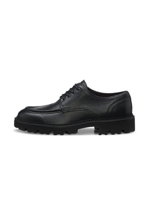 Scarpa nera in pelle con lacci, suola spessa e robusta e tacco basso, progettata per un utilizzo casual o formale.