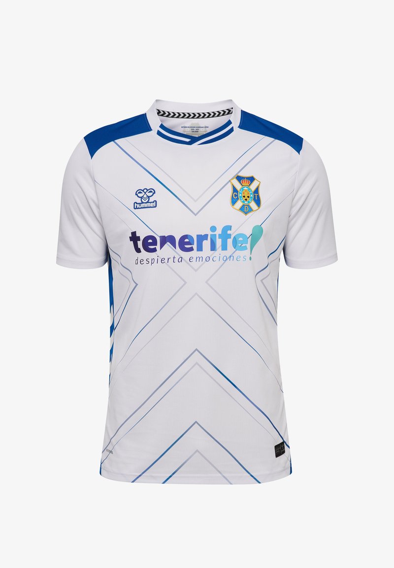 Biała koszulka piłkarska z niebieskimi akcentami, z geometrycznym wzorem, okrągłym dekoltem i logo klubu. Wykonana z lekkiego, oddychającego materiału.
