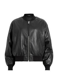 Giubbotto bomber in pelle nera con chiusura frontale a zip, polsini e orlo a coste, tasche laterali e una texture liscia.
