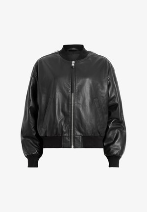 Veste bomber en cuir noir avec fermeture éclair à l'avant, poignets et ourlet côtelés, poches latérales et texture lisse.