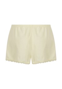 Lichtgele katoenen shorts met een gestructureerd patroon, elastische tailleband en gegolfde kantafwerking aan de zoom. Achteraanzicht weergegeven.