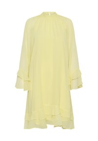 Light yellow dress with long, flared sleeves, a high neckline, and layered ruffle details at the cuffs and hem. Made of sheer, flowing fabric.