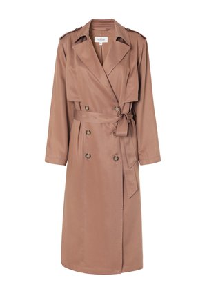 Cappotto trench doppio petto fino al ginocchio in morbido tessuto color taupe. Presenta una vita con cinturino, ampie rever e spalline.