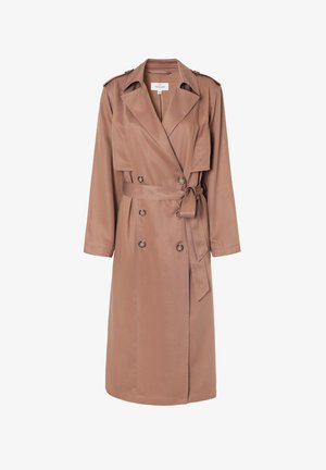 Polvistaan pituinen, tuplaknappinen trenchcoat pehmeässä taupe-kankaassa. Saumassa on vyötärönauha, leveät kaulukset ja olkalenkit.