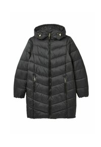 Melns pūkains mētelis ar kapuci, ar ševrona kviltu dizainu, priekšējo rāvējslēdzēju un divām rāvējslēdzēja sānu kabatām. Gluda, spīdīga tekstūra.