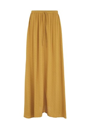 Jupe maxi jaune moutarde avec taille élastique et cordon, coupe ample, tissu léger.