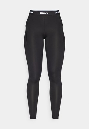 Fekete sportos leggings, DKNY logós derékpánttal, sima, rugalmas anyagból készült. Oldalsó varrásokkal és testhez simuló fazonnal rendelkezik.