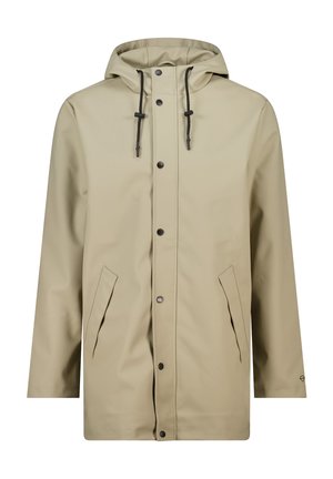 Imperméable beige avec capuche, fermeture à pressions à l'avant, cordon de serrage dans la capuche et deux poches latérales. Matériau lisse et imperméable avec une texture légèrement brillante.