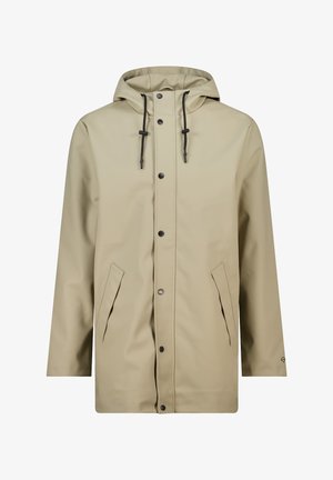 Beige raincoat with a hood, front snap closure, drawstring in the hood, and two side pockets. Smooth, waterproof material with a slightly glossy texture.