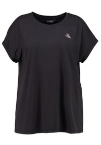 Svart kortärmad T-shirt i lätt tyg, med rundad halsringning och en liten grafisk design på vänster framsida.