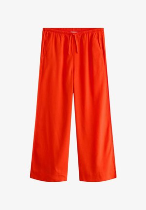Feloranje wijde broek met elastische tailleband en trekkoord, met zijzakken, afgebeeld tegen een witte achtergrond.