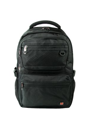 Black backpack made of textured fabric. It features multiple zippered compartments, a top handle, and side mesh pockets. Flat, rectangular shape.