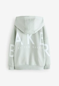 Hele rohelise kapuutsiga dressipluus, pehme kangas, lahtine lõige. Seljal suured valged tähed "BAKER BY TED BAKER". Resoored varrukatel ja alläärel.