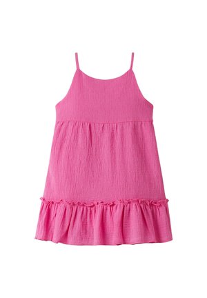 Roze mouwloze zomerjurk met dunne bandjes, gestructureerde stof en gerimpelde zoomdetail.