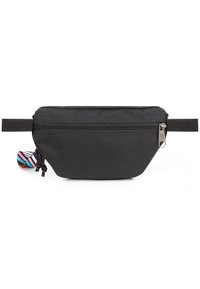 Marsupio in tessuto nero con scomparto con zip, forma inclinata e tracolla regolabile. Presenta un doppio ascensore colorato a strisce.