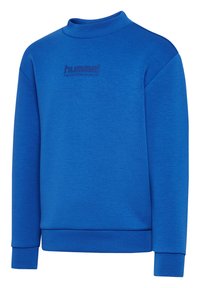 Blå sportsweatshirt med lange ærmer, høj hals og "hummel PERFORMANCE" logo på brystet, med ribstrikkede ærmekanter og kant forneden.