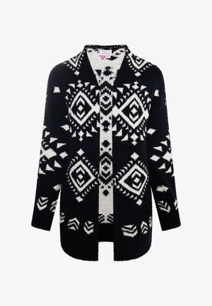 Schwarz-weißer Cardigan mit geometrischen Mustern, einer weichen Textur und offenem Frontdesign. Lange Ärmel und gemütlicher Stoff.