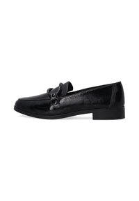 Zwarte gepatineerde leren loafers met een ronde neus, decoratieve band en lage blokhak, met een gladde, glanzende afwerking.