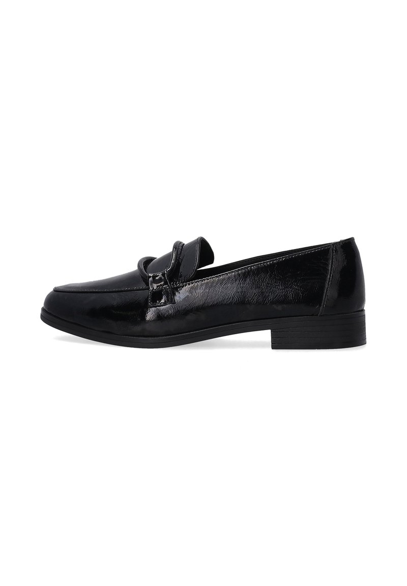 Zwarte gepatineerde leren loafers met een ronde neus, decoratieve band en lage blokhak, met een gladde, glanzende afwerking.