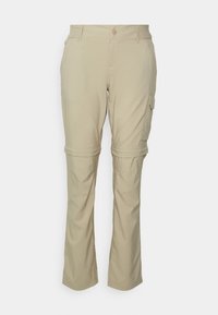 Beige Cargo-Hose mit Knopfverschluss, seitlichen Taschen, entspannter Passform und einem weichen, leichten Stoff, der sich für Aktivitäten im Freien eignet.