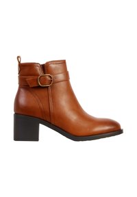 Bottine en cuir marron avec une sangle latérale et une boucle dorée, dotée d’un talon bloc et d’une languette de tirage à l’arrière.