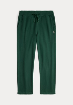 Dark green sweatpants made of soft fabric, featuring a drawstring waist, side pockets, and a small logo on the left leg.