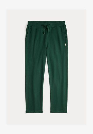 Calças de fato escuras verde-escuro, feitas de um tecido macio, com cintura ajustável por cordão, bolsos laterais e um pequeno logótipo na perna esquerda.