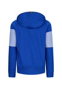 Felpa con cappuccio blu con strisce azzurre chiare sui maniche. Realizzata in tessuto morbido, presenta una tasca a marsupio e polsini a costine.