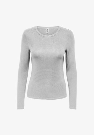 Graues Langarmshirt aus weichem, dehnbarem Stoff. Hat einen runden Ausschnitt und eine figurbetonte Passform. Einfache, nahtlose Verarbeitung ohne Muster.