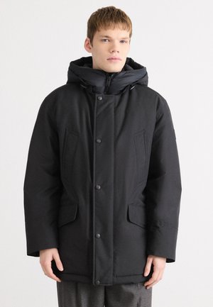 Black insulated parka with a detachable hood, snap buttons, and two front pockets. Material appears water-resistant with a matte finish.