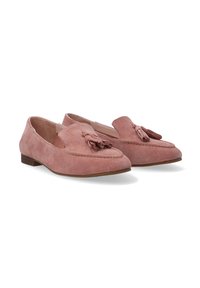 Wildleder-Loafers in sanftem Rosa mit flachem Absatz, ausgestattet mit einer genähten Naht und dekorativen Quasten an der Vorderseite.