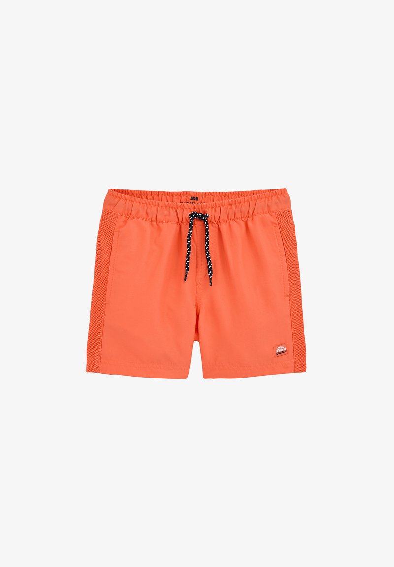 Oranžne kopalne hlače z elastičnim pasom, črno-belim trakom za zategovanje in mrežastimi stranskimi paneli z majhnim logotipom na eni nogi.