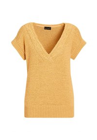V-hals trui met korte mouwen in een zachte gele brei met een textuurdesign en geribde zoom, met een ontspannen pasvorm en casual stijl.