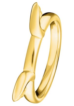 Goldener offener Ring mit minimalistischem Pfeildesign, das sich um das Band legt, polierte Oberfläche.