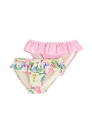 Kahdet tyttöjen bikinihousut, joissa volanttikoristeet; toiset yksiväriset vaaleanpunaiset ja toiset kermaiset, joissa värikkäitä trooppisia kukka- ja eläinkuoseja.