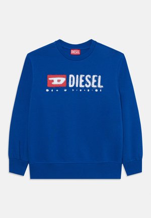 Sweatshirt bleu en coton, avec un col rond, des poignets côtelés et un bas côtelé. Affiche le logo "DIESEL" en blanc et rouge.