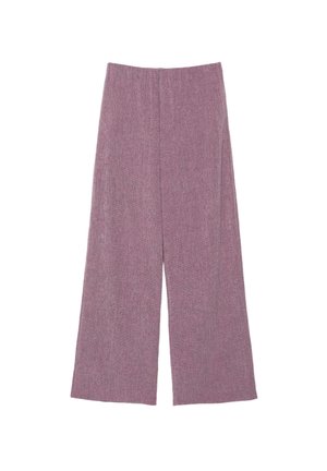 Pantaloni tricotate cu picior larg, culoare mov-praf solid, talie înaltă și material texturat, afișați așezați pe o suprafață albă.