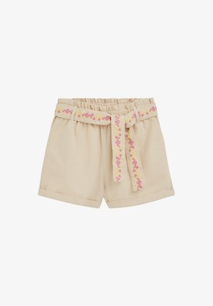 Pantaloni scurți bej cu talie elastică strânsă, prevăzuți cu o curea cu model în roz și galben, tivuri rulate și buzunare laterale.