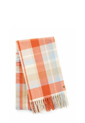 Écharpe en laine pliée avec un motif à carreaux orange, beige, bleu et crème et des franges aux extrémités.