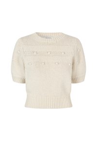 Kortærmet, cremet sweater med tekstureret strik og pompom-detaljer. Har en rund halsudskæring og ribbet kant for et tætsiddende look.