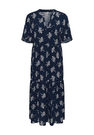 Tengerészkék, rövid ujjú ruha V-nyakkivágással, fehér virágmintákkal, húzott derékkal és réteges szoknyakialakítással. Könnyű anyag textúrával.