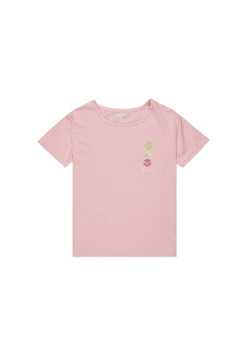 Pink cotton t-shirt with short sleeves. Features a green flower, wave, and sun design on the left chest. Crew neckline and standard fit.