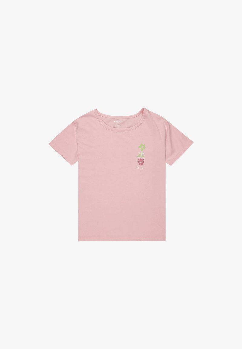 Růžové bavlněné tričko s krátkým rukávem. Na levé části hrudi je design se zelenou květinou, vlnou a sluncem. Kulatý výstřih a standardní střih.